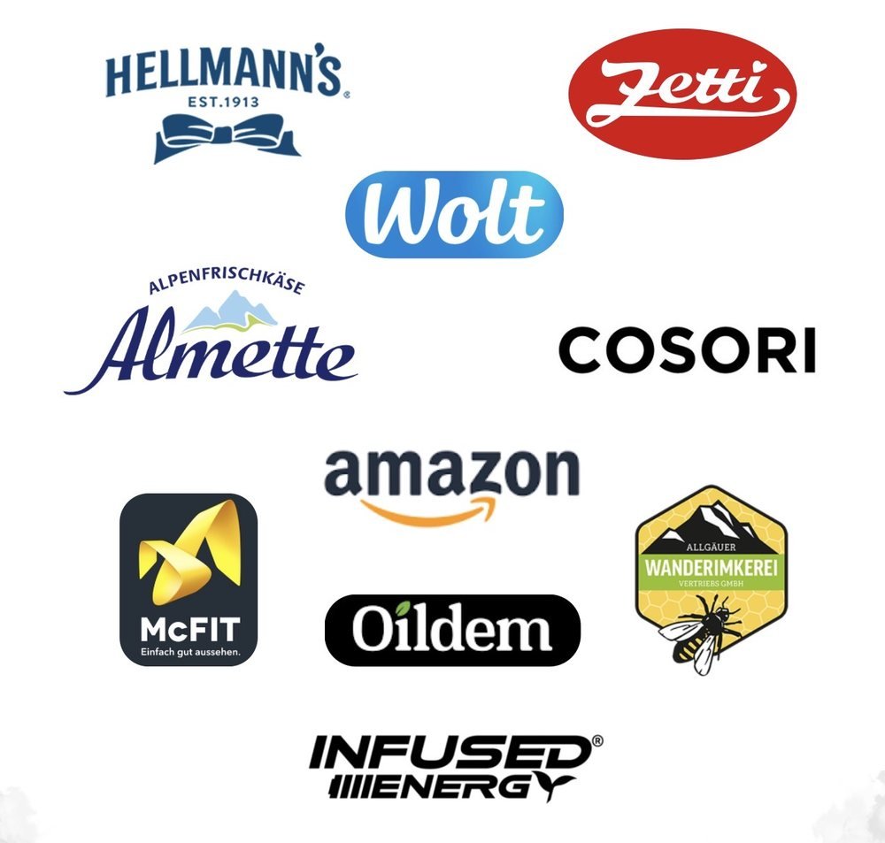 Logos von Hellmann's, Zetti, Wolt, Almette, Cosori, Amazon, McFit, Oildem, Allgäuer Wanderimkerei und Infused Energy